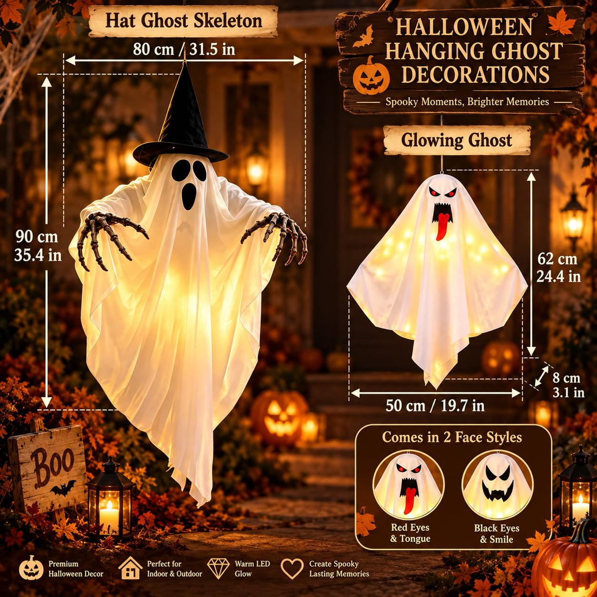 Halloween hanging ghost size guide with 35.4 inch witch ghost and 24.4 inch evil ghost