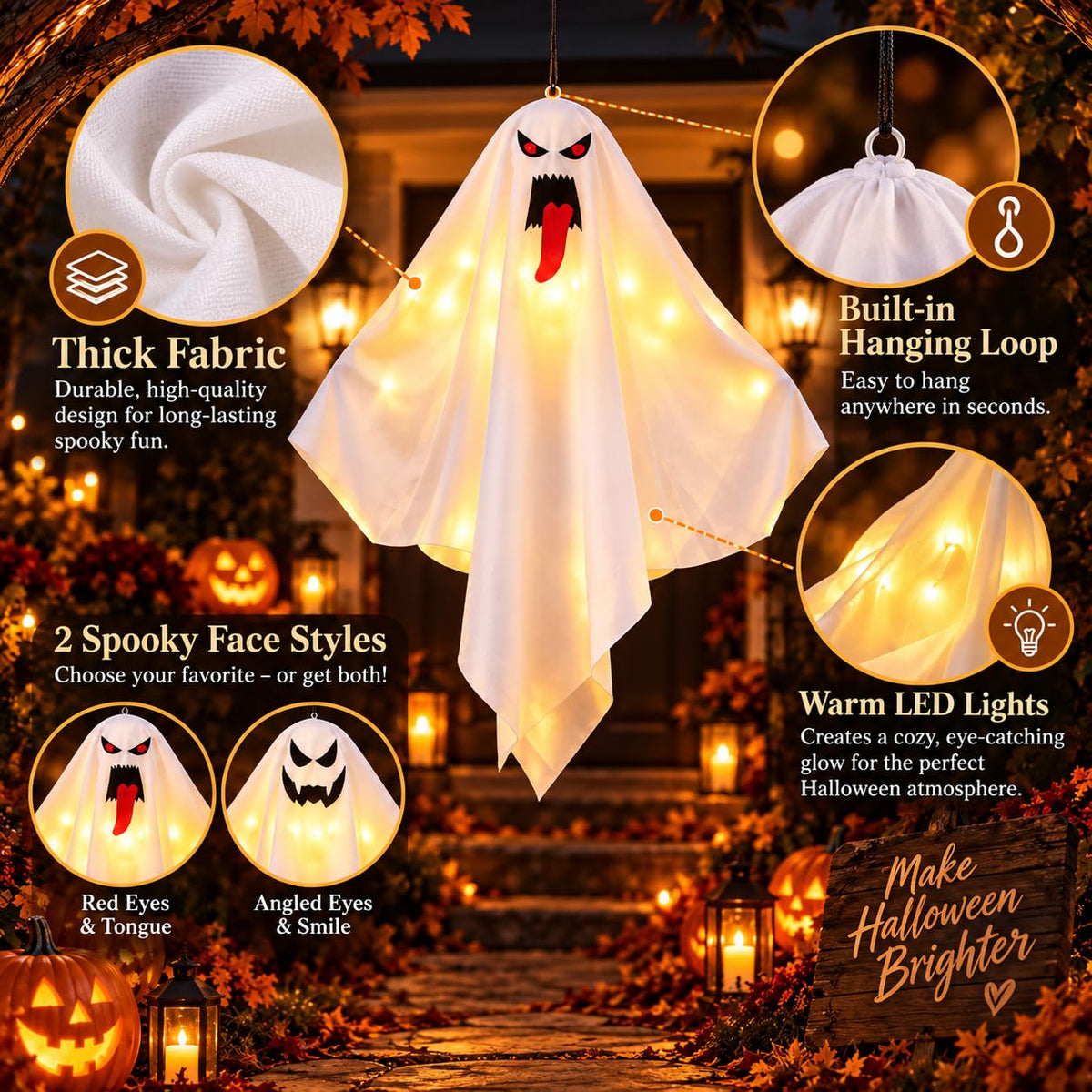 Evil Halloween hanging ghost with thick fabric built in loop and warm LED lights