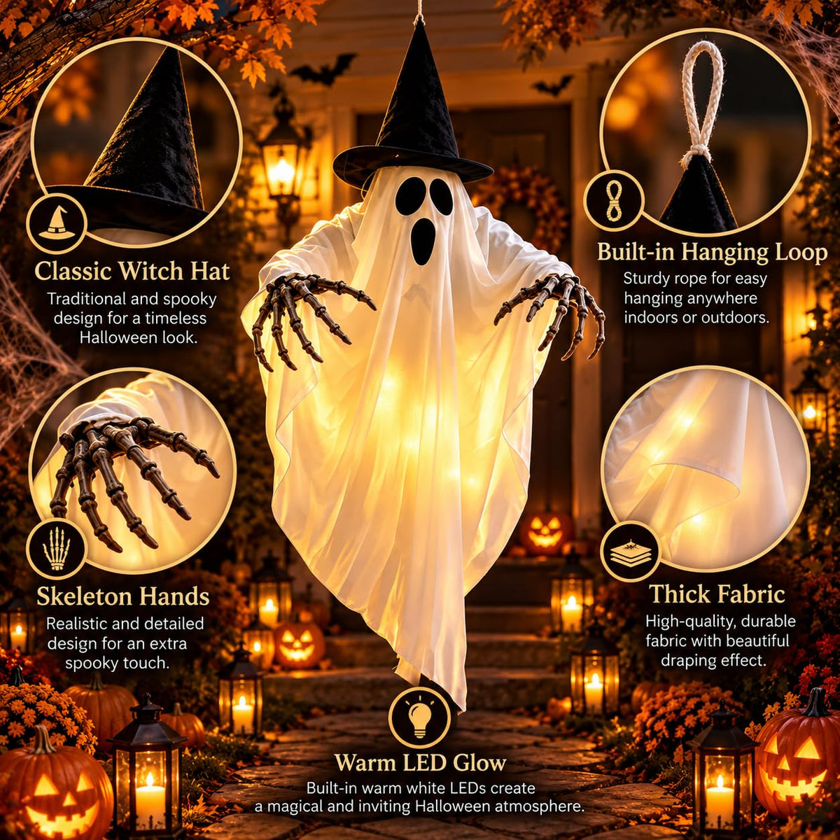 Large witch hanging Halloween ghost with skeleton hands and warm LED glow