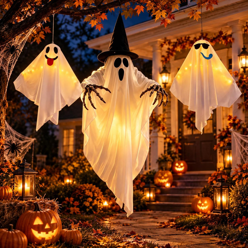 3 pack LED light up playful Halloween hanging ghosts for porch yard and tree decor