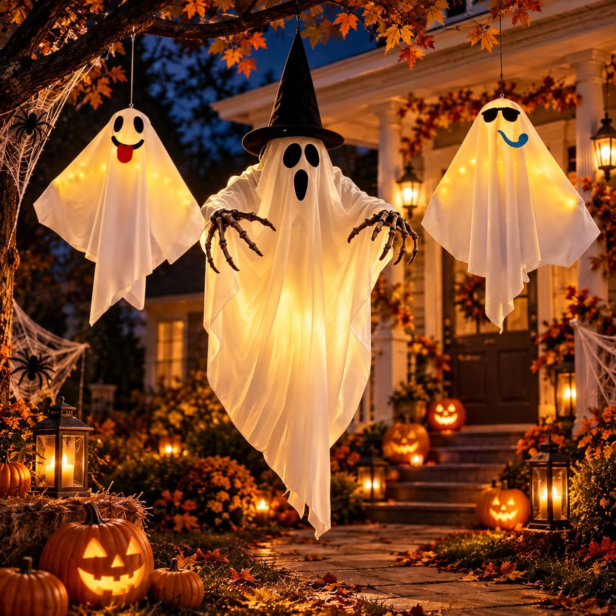 3 pack LED light up playful Halloween hanging ghosts for porch yard and tree decor