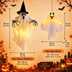 Halloween hanging ghost size guide with 35.4 inch witch ghost and 24.4 inch playful ghost