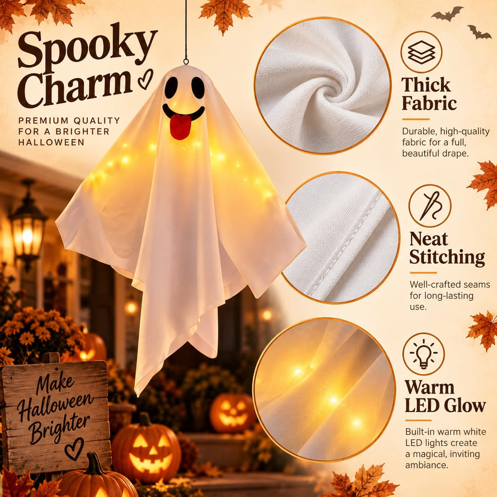 Playful smiling Halloween hanging ghost with thick fabric and warm LED glow