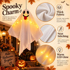 Playful smiling Halloween hanging ghost with thick fabric and warm LED glow