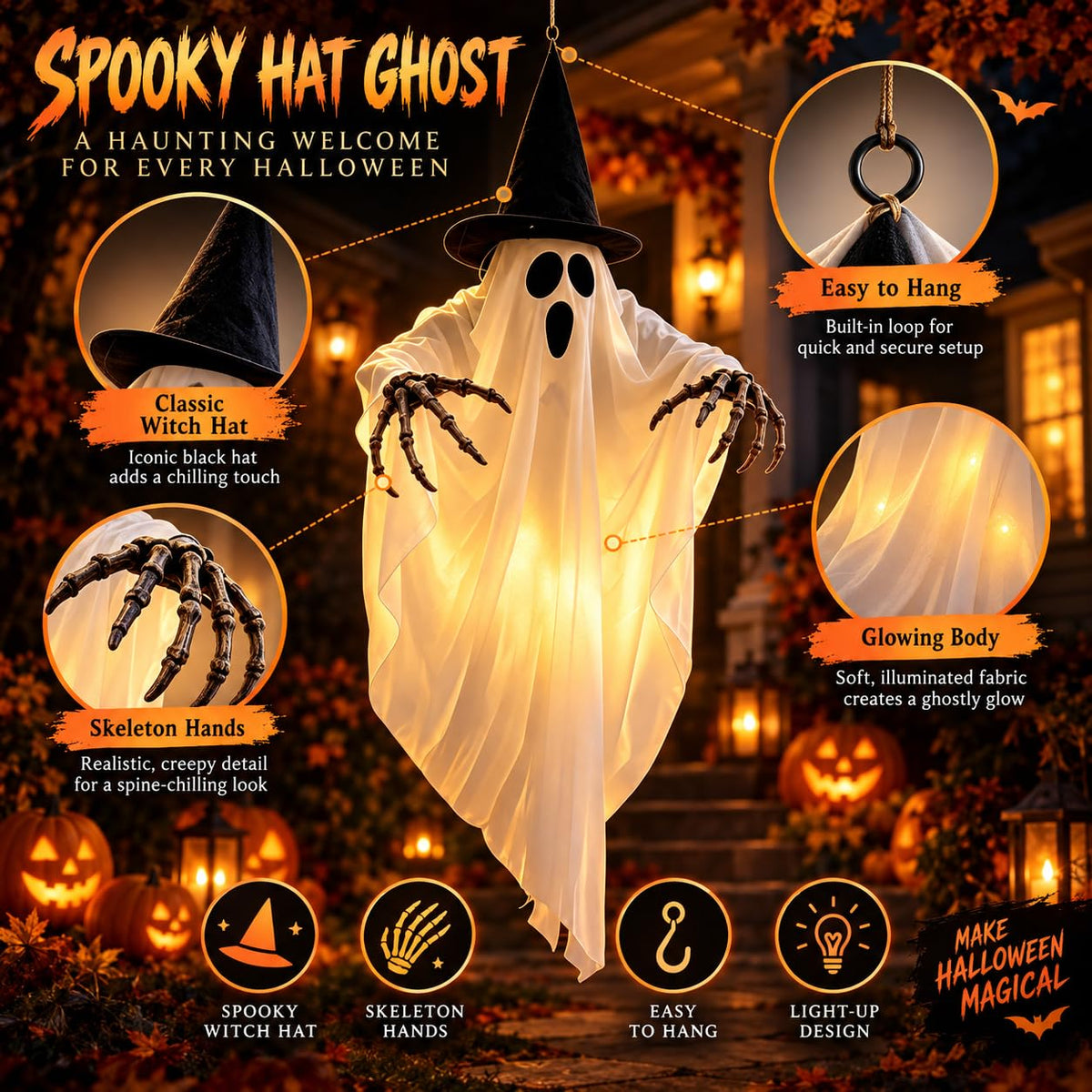 Large witch hanging Halloween ghost with skeleton hands and glowing LEDs