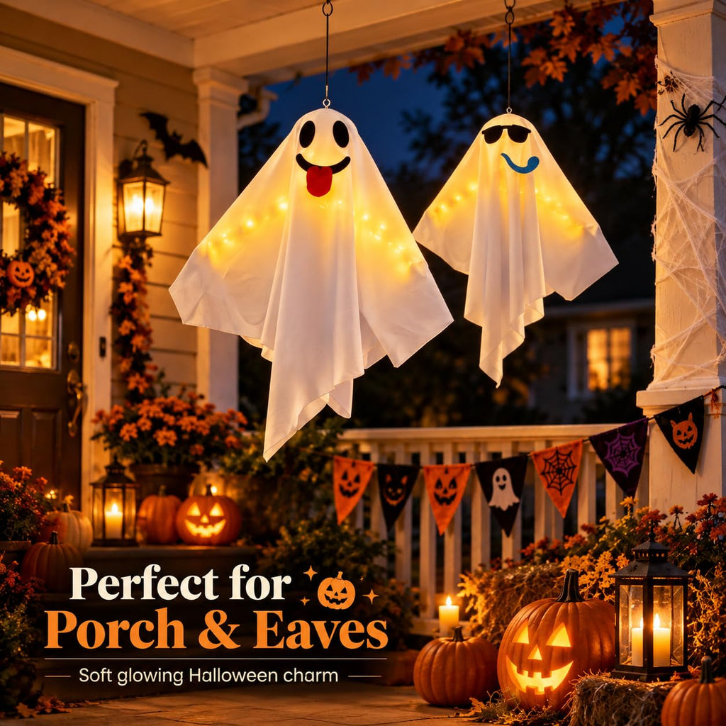 Two playful LED hanging ghosts decorating a front porch