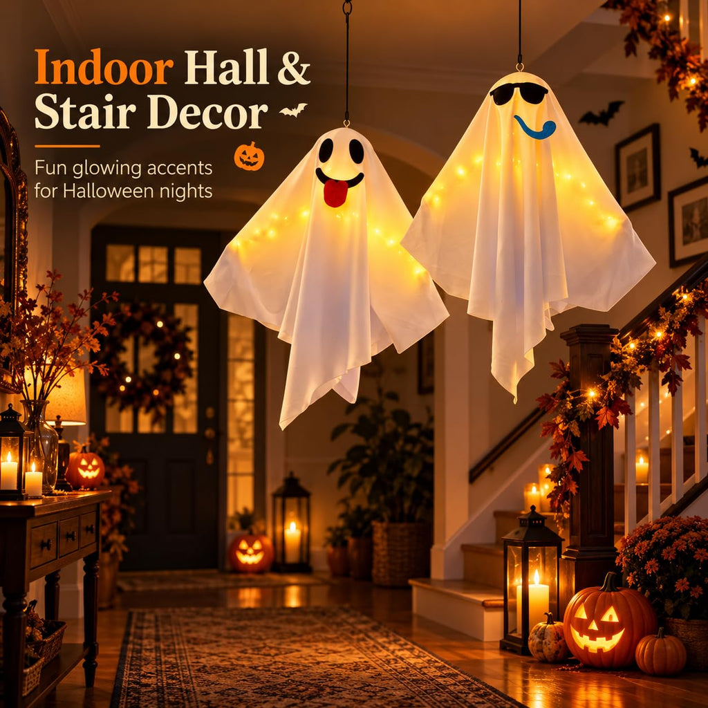 Light up playful Halloween hanging ghosts for indoor hall and stair decor