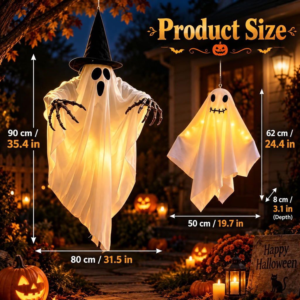 Halloween hanging ghost size guide with 35.4 inch large ghost and 24.4 inch smaller ghost