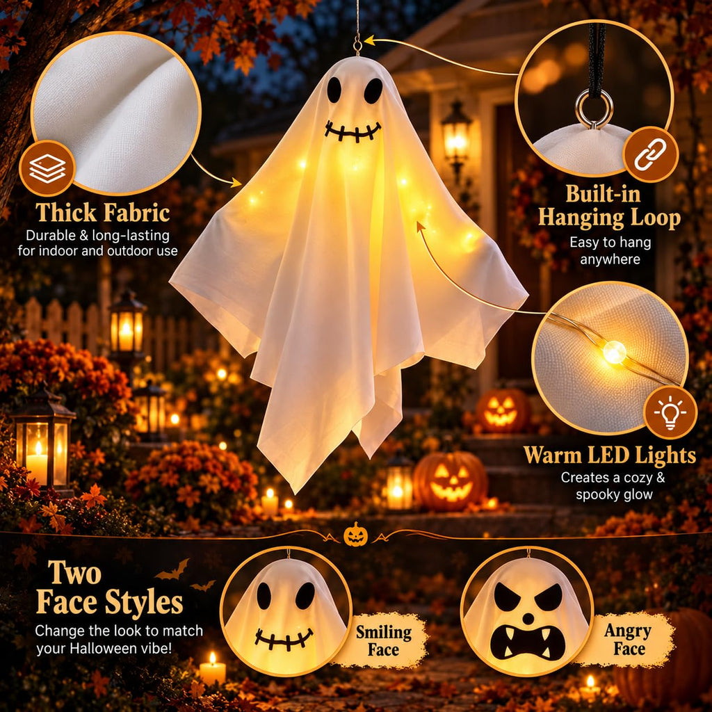 Smiley hanging Halloween ghost with thick fabric built in loop and warm LED lights