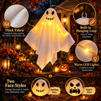 Smiley hanging Halloween ghost with thick fabric built in loop and warm LED lights
