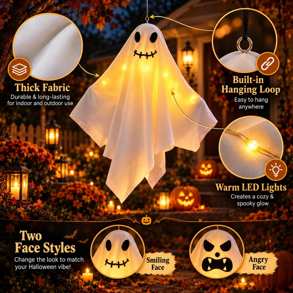 Smiley hanging Halloween ghost with thick fabric built in loop and warm LED lights