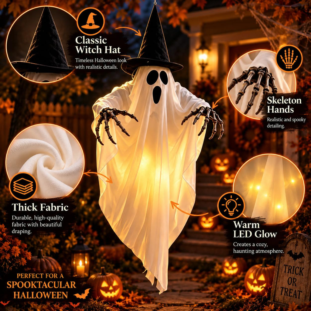 Large witch hanging Halloween ghost with skeleton hands and warm LED glow