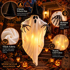 Large witch hanging Halloween ghost with skeleton hands and warm LED glow