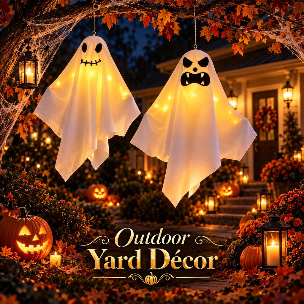 Two smiley hanging ghosts for outdoor Halloween yard decor