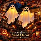 Two smiley hanging ghosts for outdoor Halloween yard decor