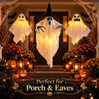 3 pack hanging Halloween ghosts decorating a front porch and eaves