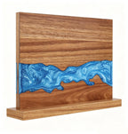 Double sided magnetic knife block with olive wood and blue resin river design
