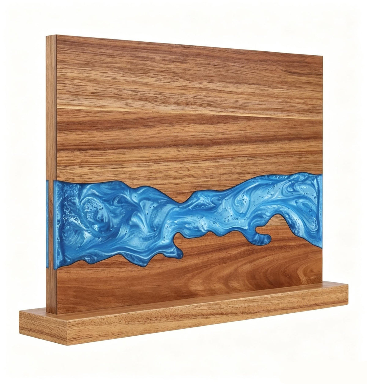 Double sided magnetic knife block with olive wood and blue resin river design