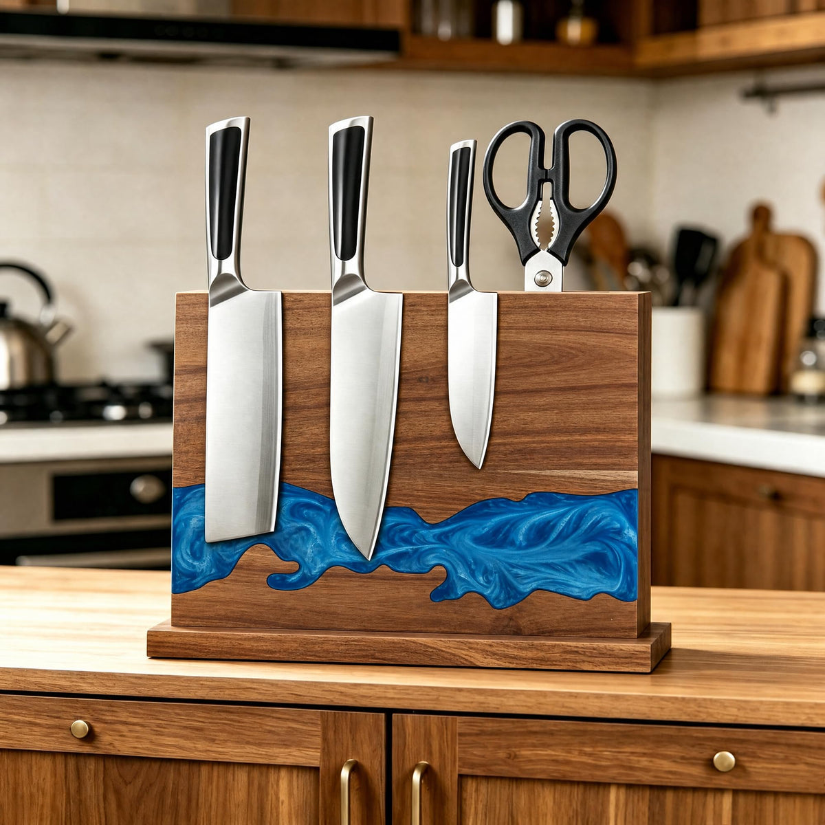 Blue resin river magnetic knife holder displaying kitchen knives and scissors