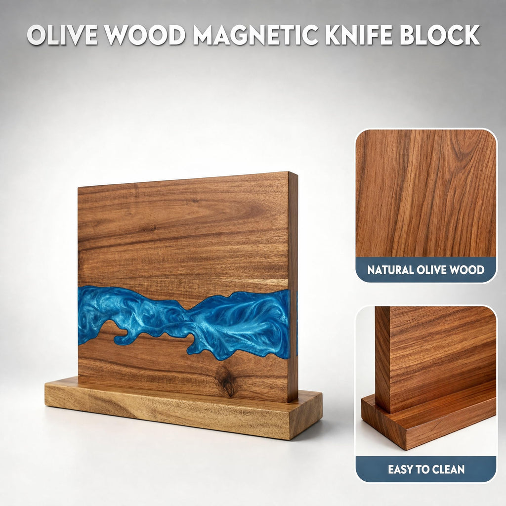 Olive wood magnetic knife block with blue resin inlay and smooth surface