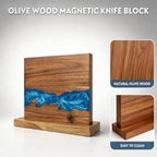 Olive wood magnetic knife block with blue resin inlay and smooth surface