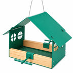 Green hanging metal platform bird feeder with house shaped roof and two perches