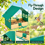 Fly through metal bird feeder with rainproof roof metal perches and stainless steel wire rope