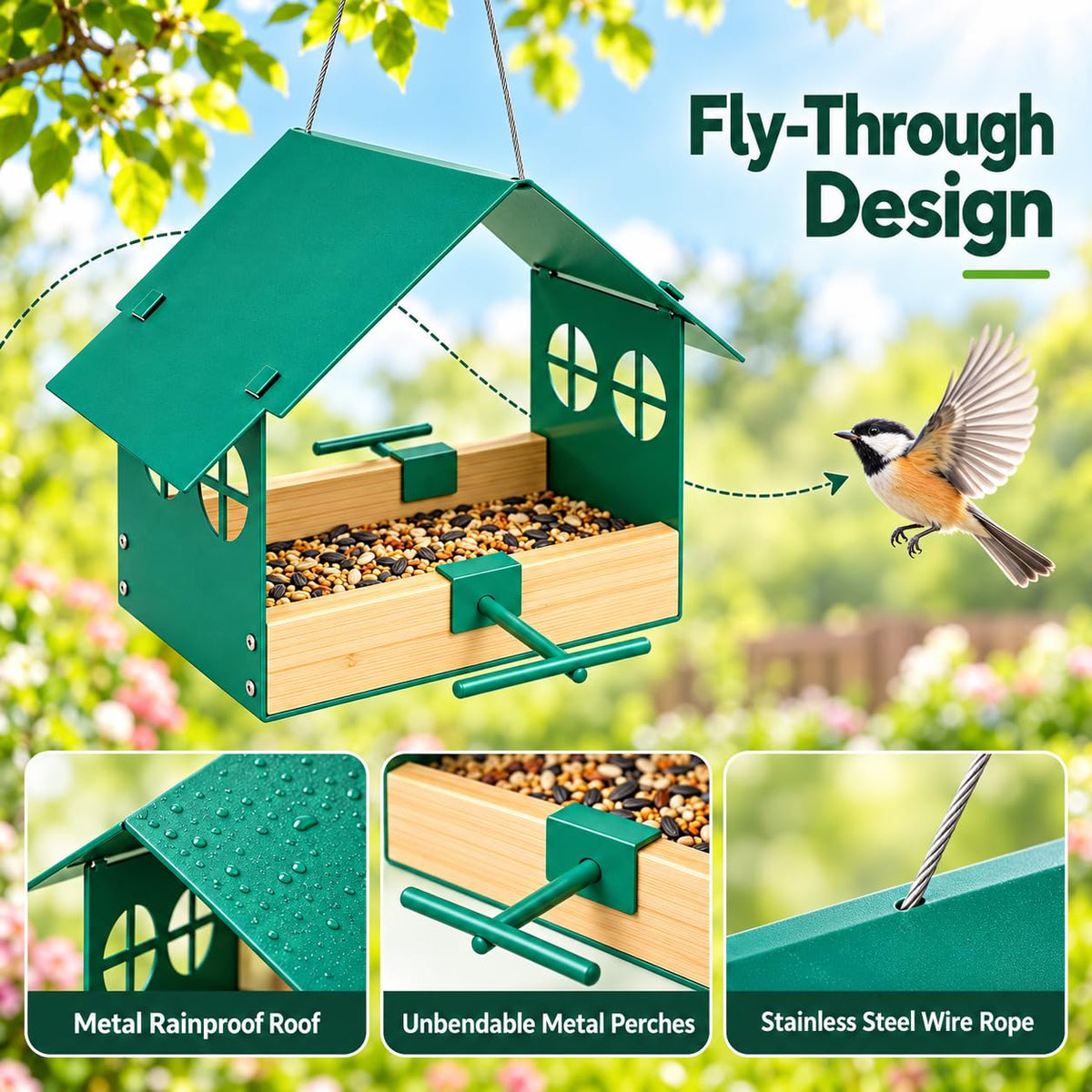 Fly through metal bird feeder with rainproof roof metal perches and stainless steel wire rope