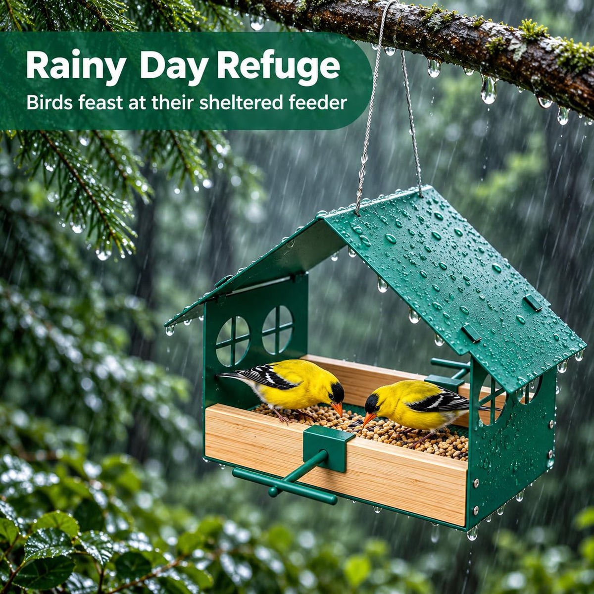 Weather resistant hanging bird feeder sheltering wild birds from rain