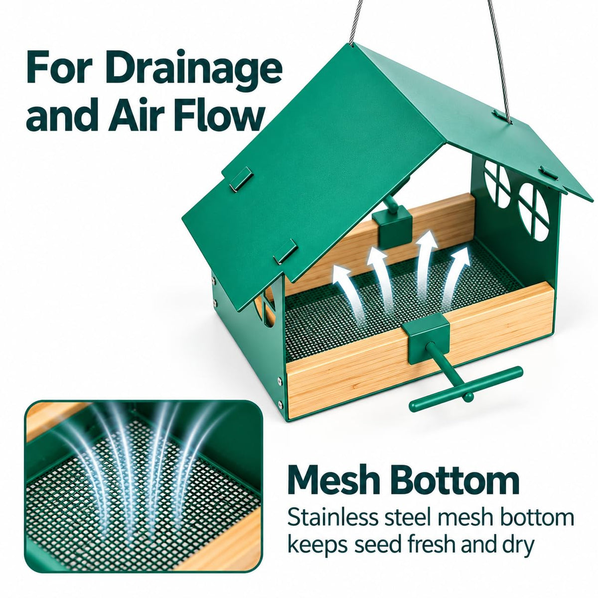 Hanging bird feeder with stainless steel mesh bottom for drainage and airflow