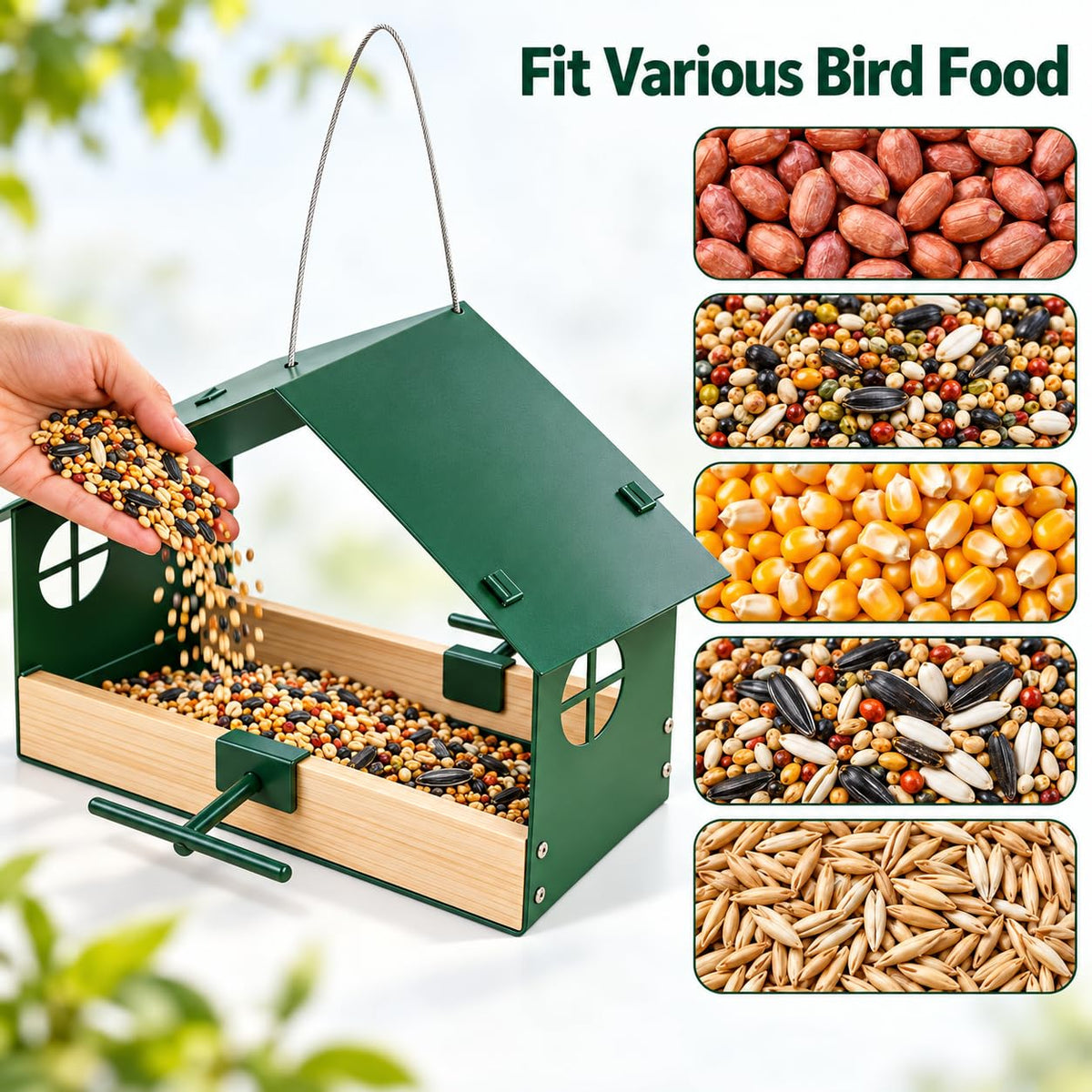 Open platform bird feeder filled with mixed bird seed for backyard wild birds