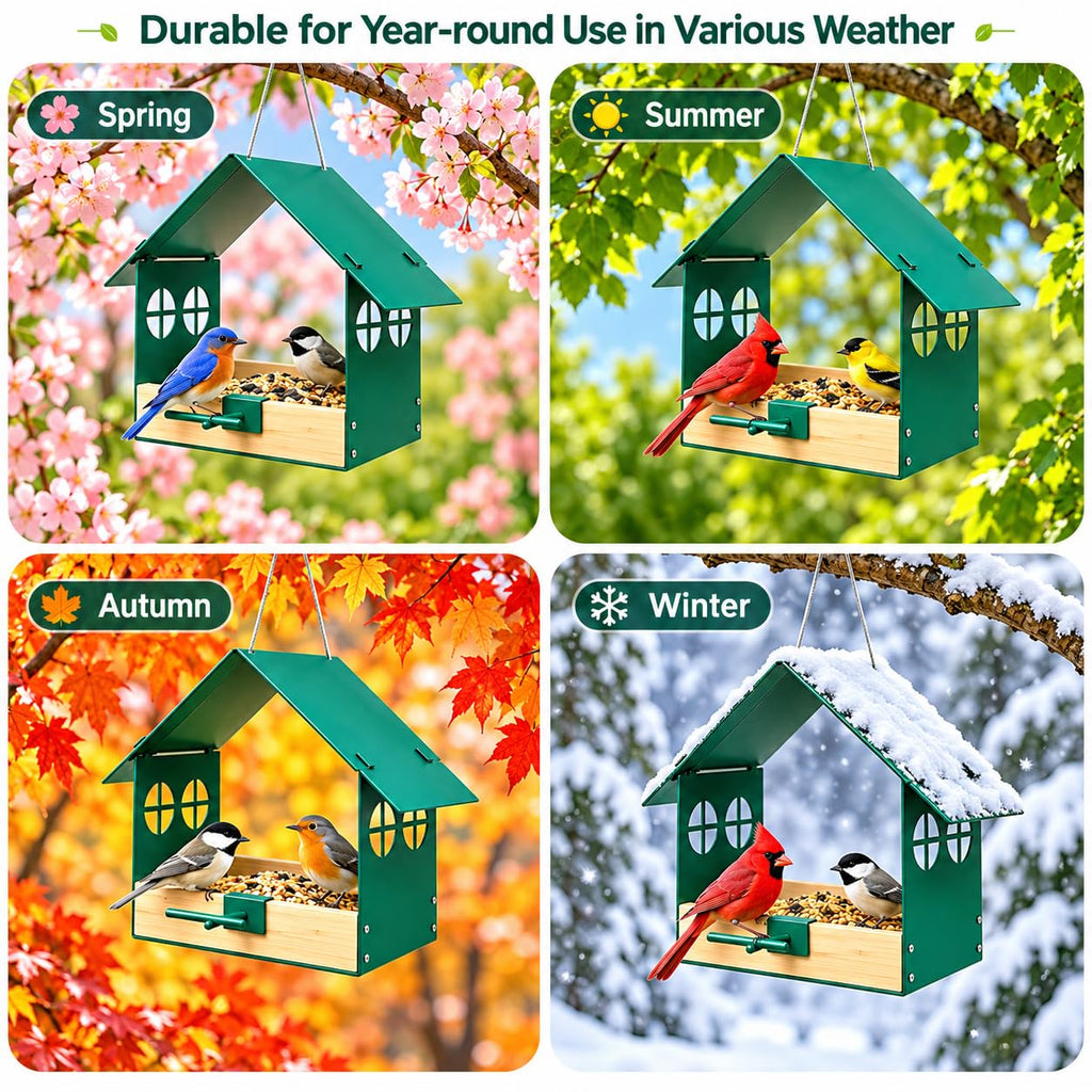Metal hanging bird feeder for year round use in spring summer autumn and winter