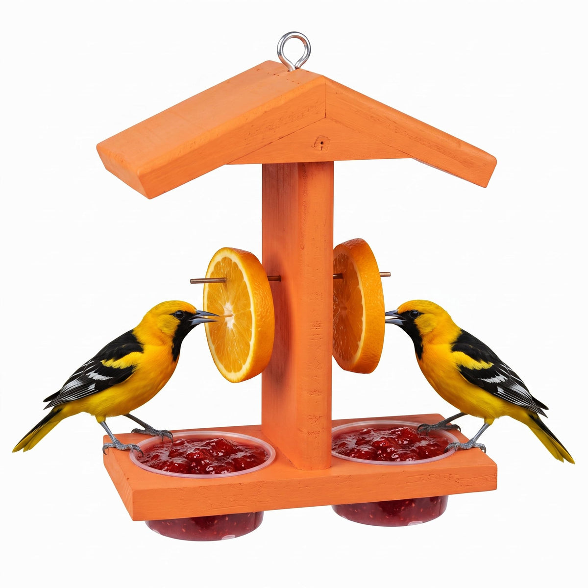 Orange oriole feeder with two jelly cups and orange fruit pegs