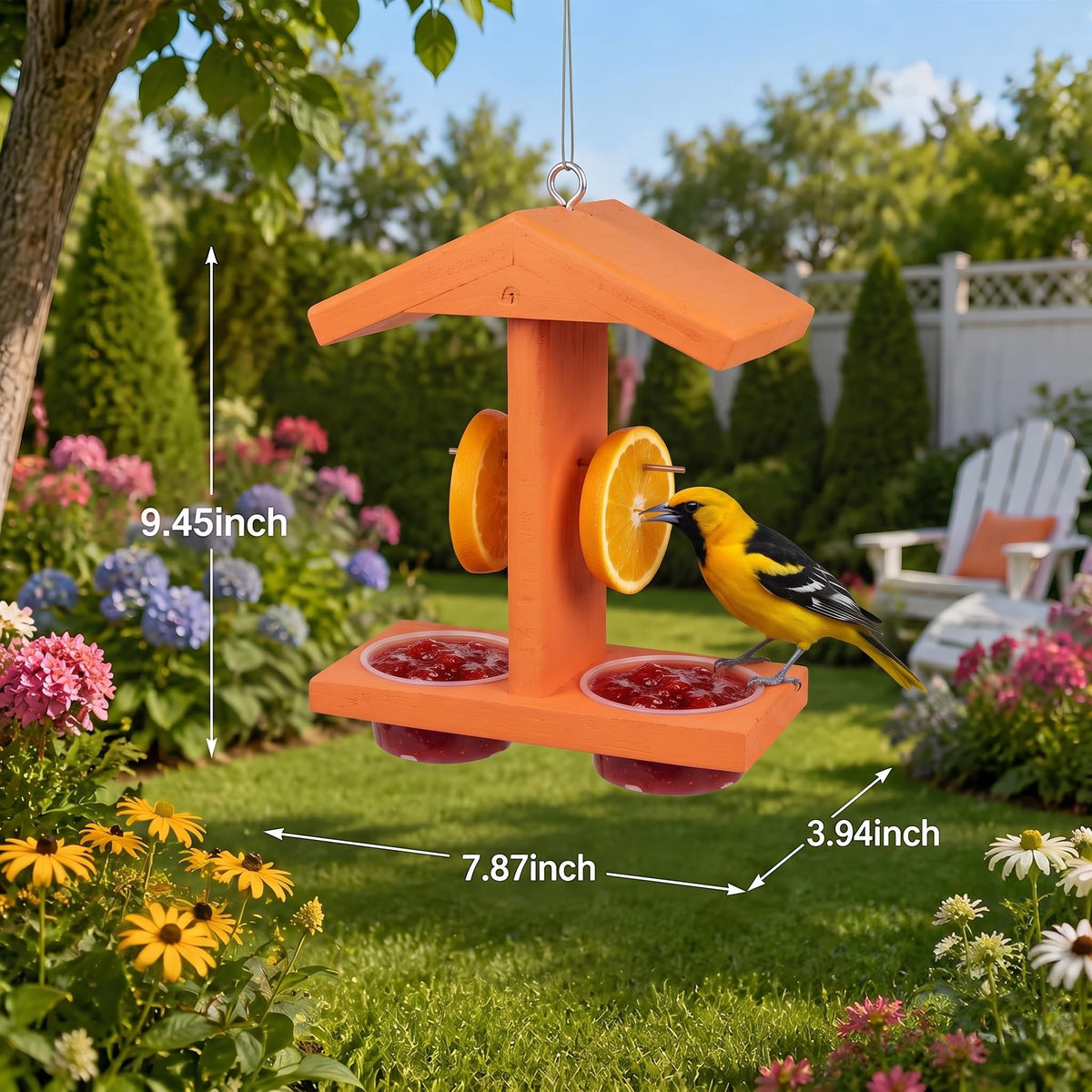 Orange hanging oriole feeder size guide for backyard bird feeding