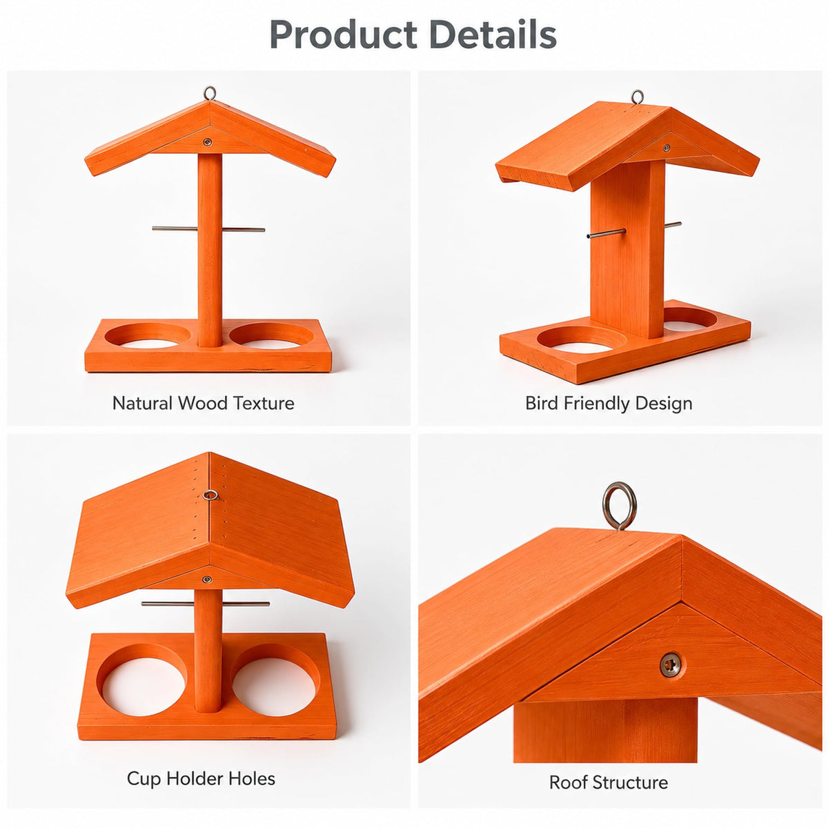 Oriole feeder details with wood texture cup holder holes and roof structure