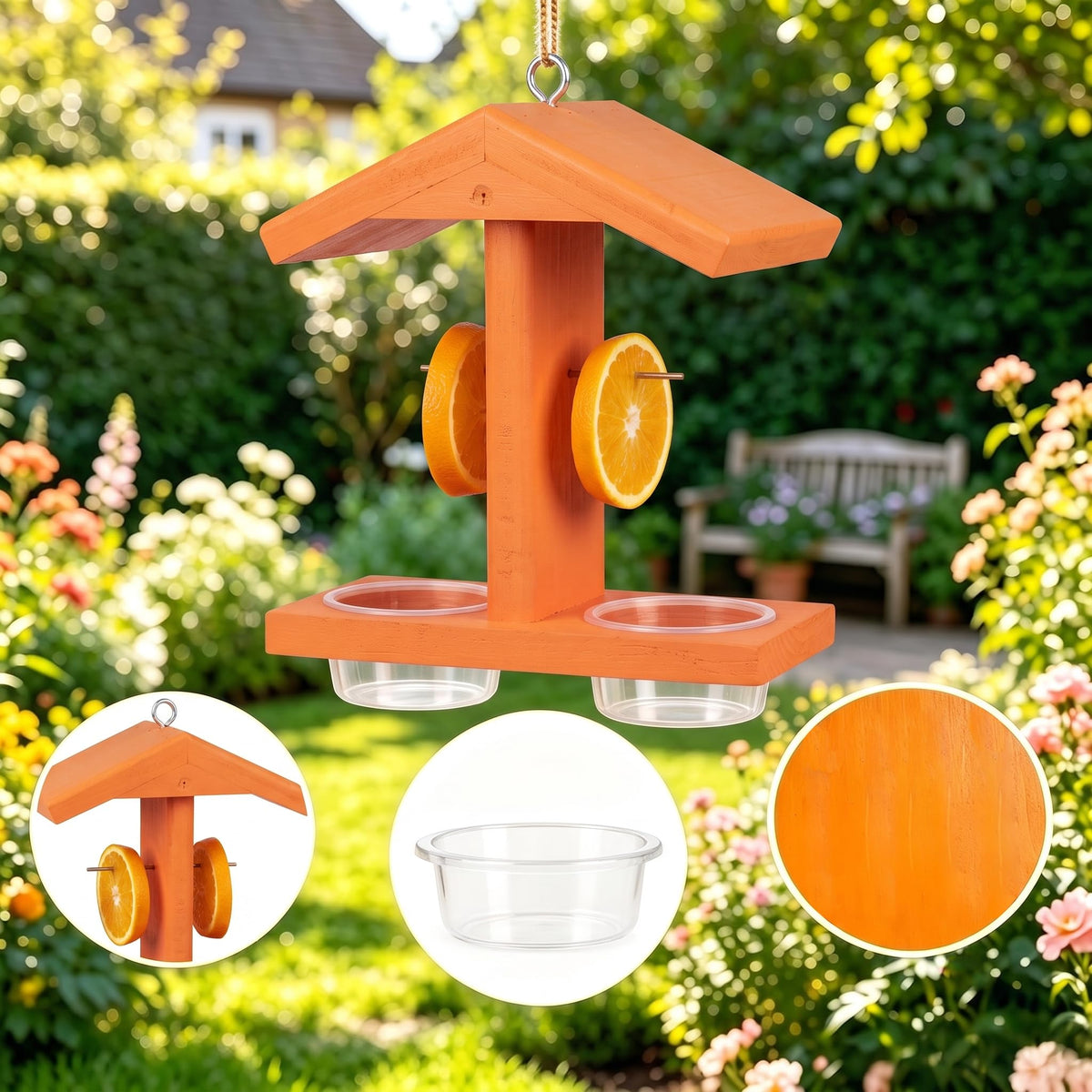 Orange HDPE oriole feeder with removable cups for jelly nectar fruit and seed