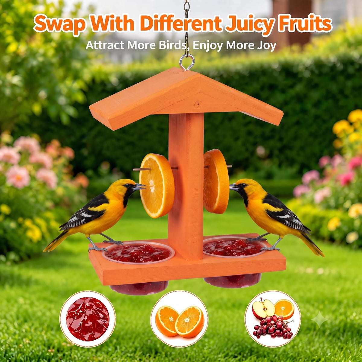 Oriole feeder with orange halves and jelly cups for attracting backyard birds