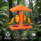 Weather resistant orange oriole feeder with recyclable HDPE material and stainless steel hanger