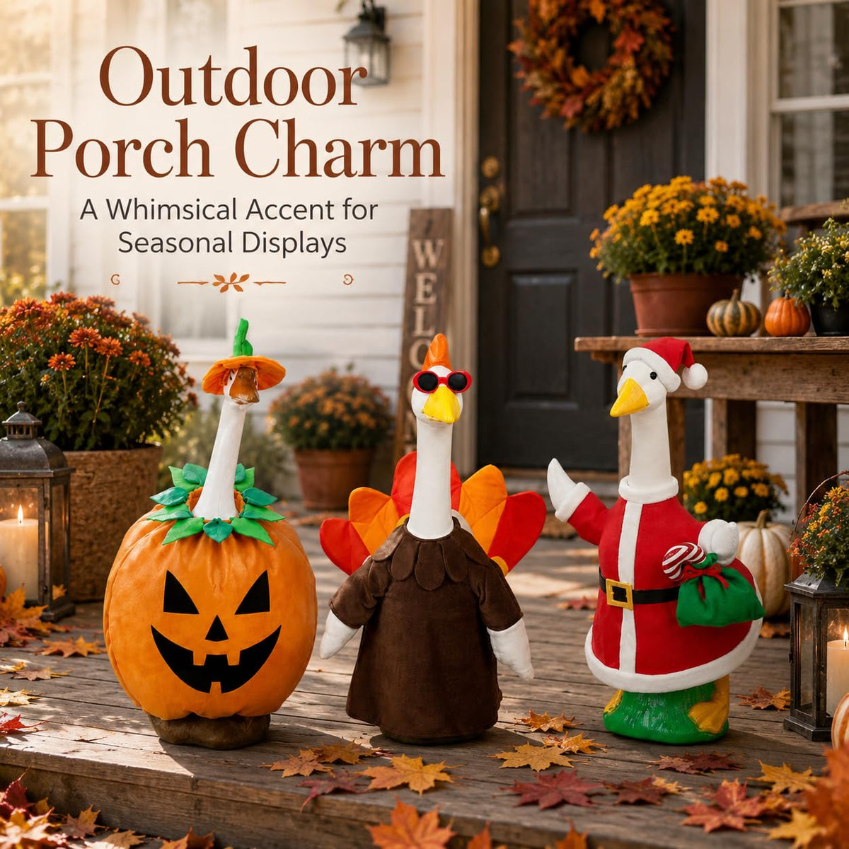 Seasonal porch goose outfits for outdoor porch decor