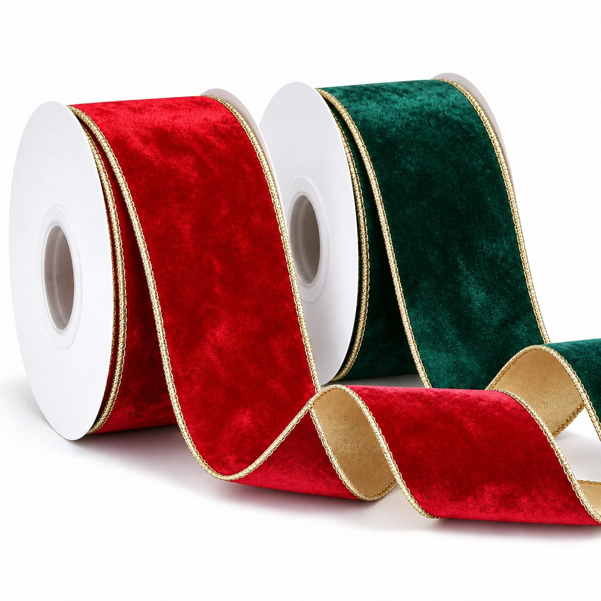 Red and green crushed velvet wired ribbon rolls for Christmas decorating