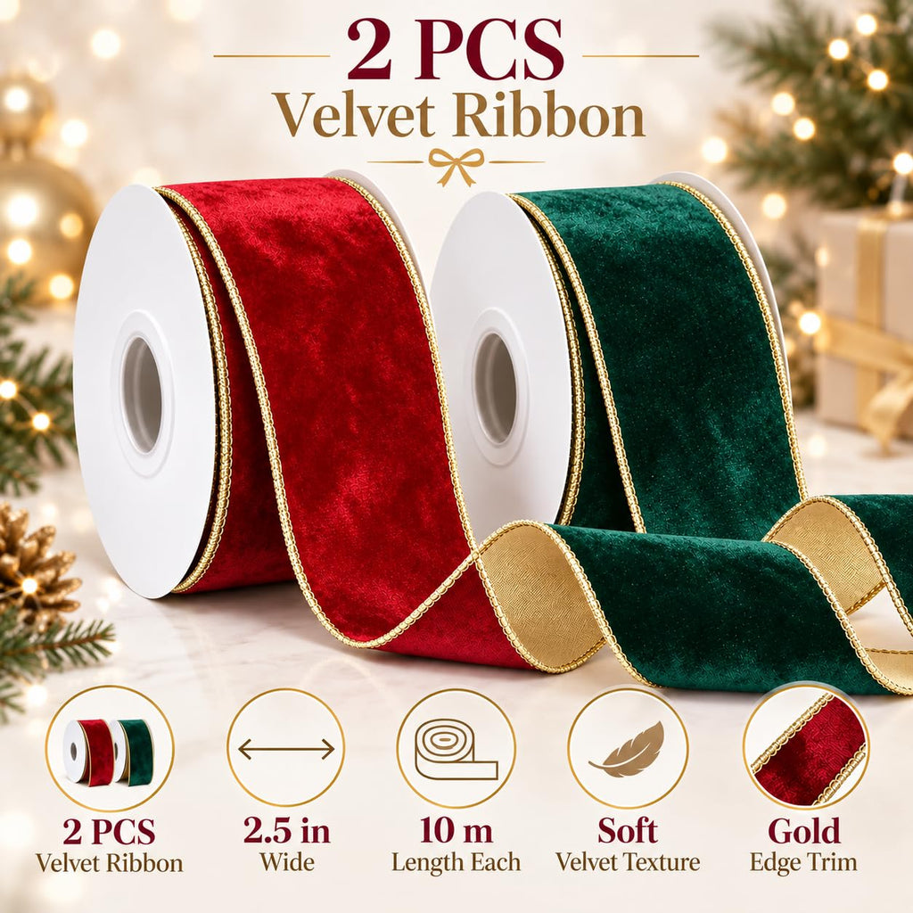 2 piece red green velvet wired ribbon set with gold edge trim