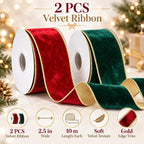 2 piece red green velvet wired ribbon set with gold edge trim