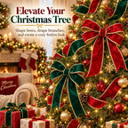 Red and green wired velvet ribbon decorating a Christmas tree