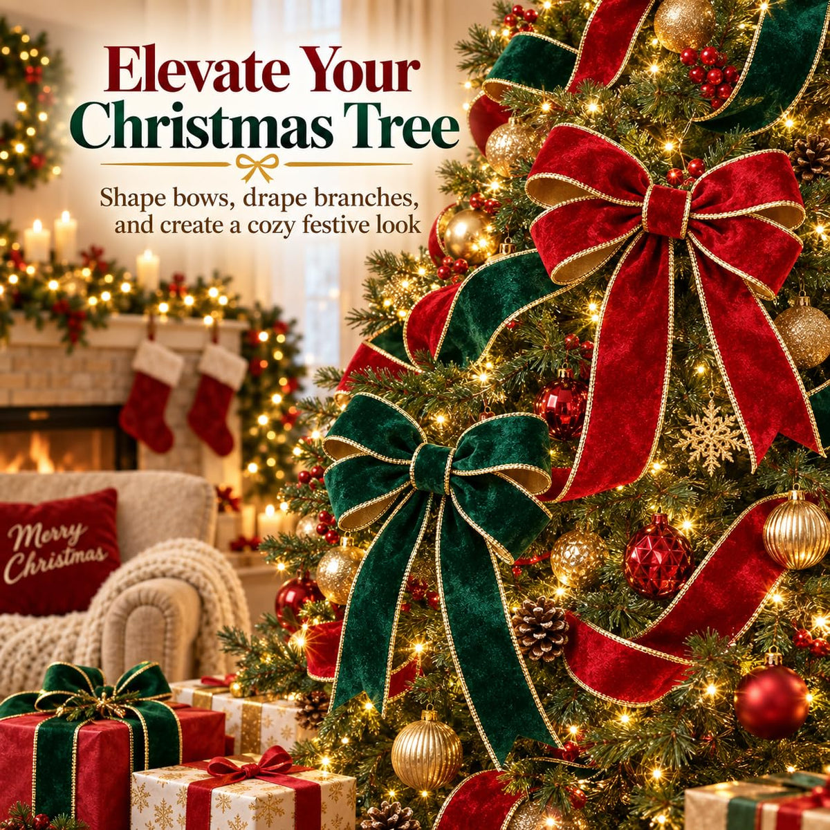 Red and green wired velvet ribbon decorating a Christmas tree