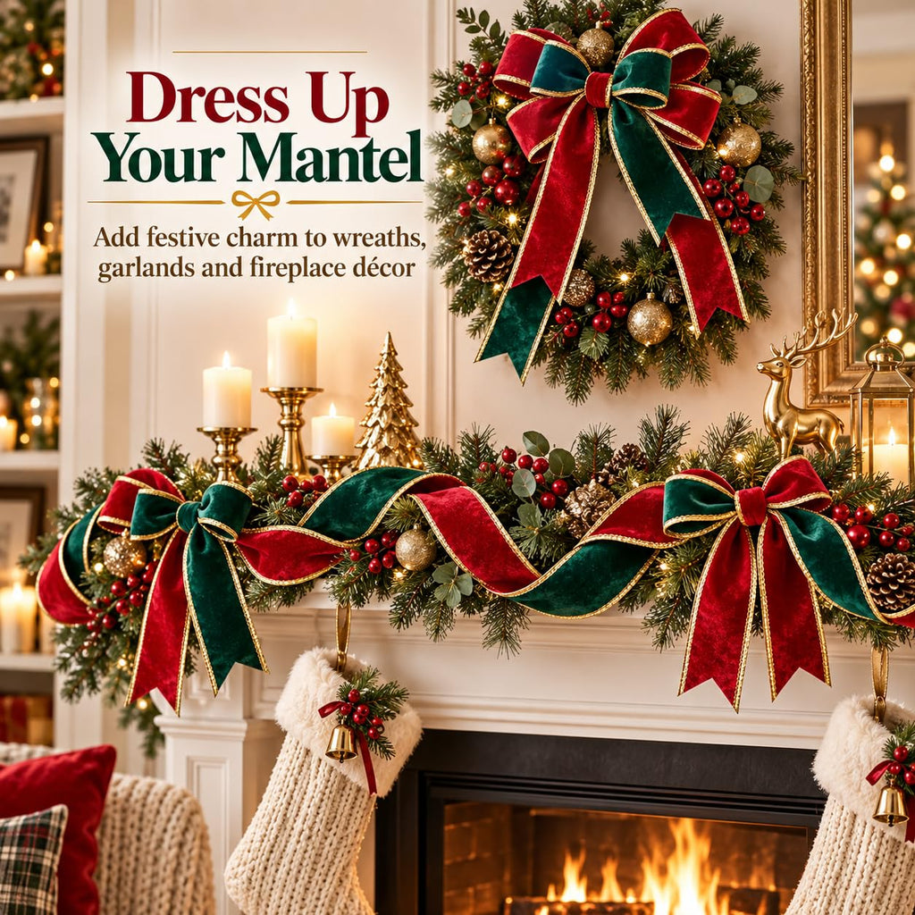 Red and green velvet ribbon for Christmas mantel wreath and garland decor