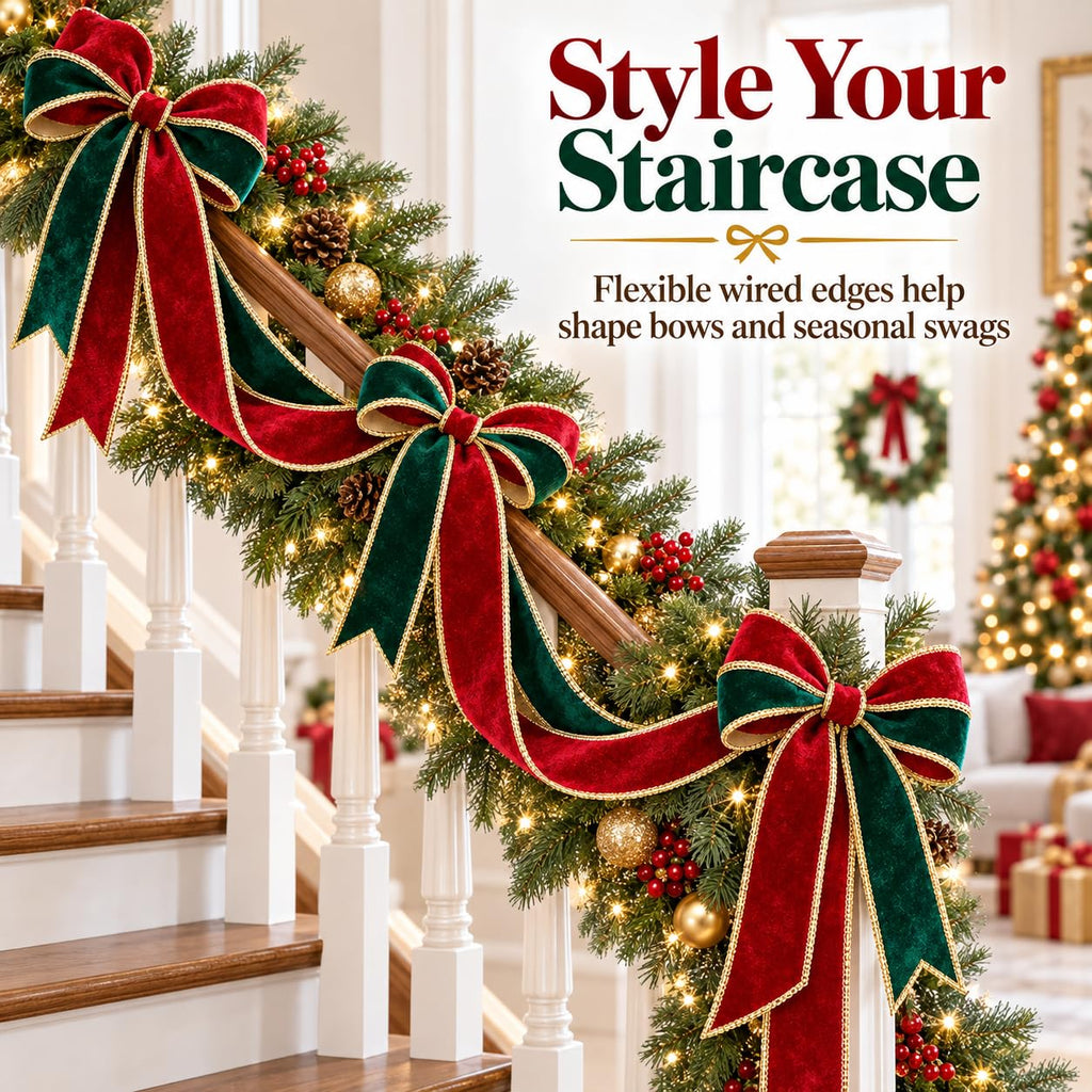 Velvet wired ribbon bows and garland decorating a Christmas staircase
