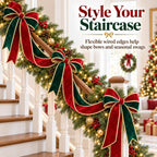 Velvet wired ribbon bows and garland decorating a Christmas staircase