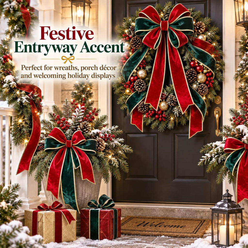 Red and green velvet ribbon bows for Christmas wreath and front door decor