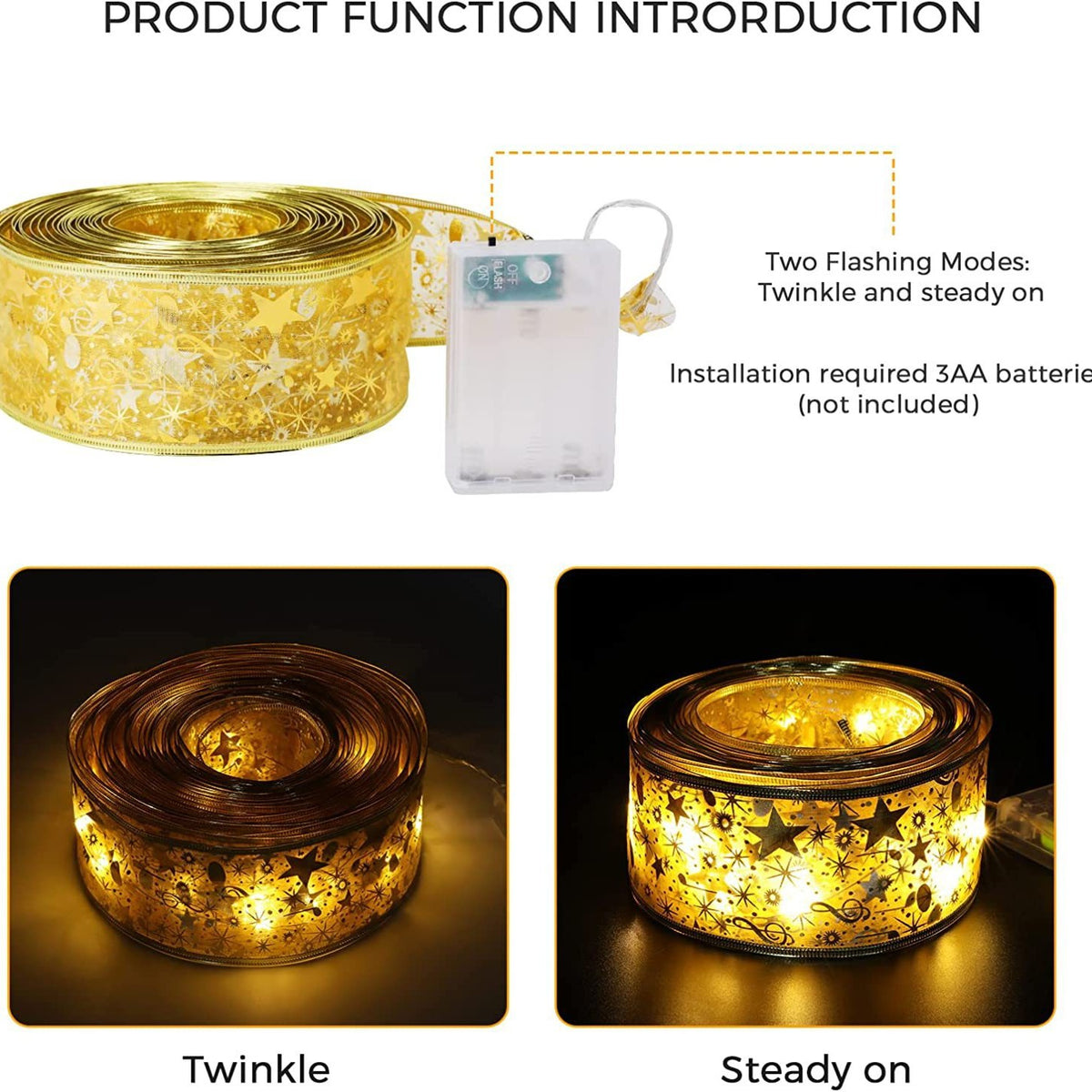 Battery operated Christmas ribbon lights with twinkle and steady on modes