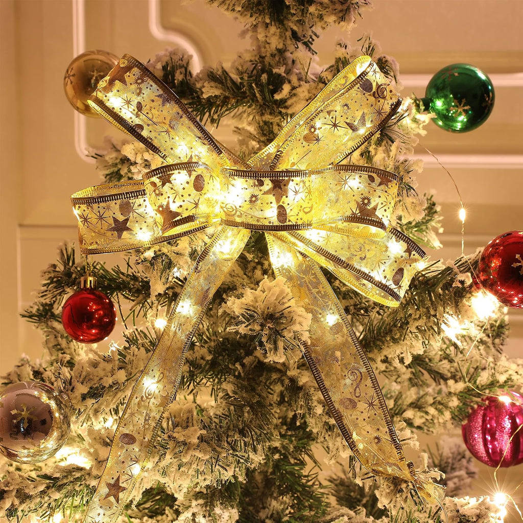 Flexible gold ribbon fairy lights shaped into a Christmas tree bow